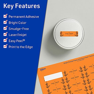 Avery Printable Rectangle Labels, Sure Feed Technology, 1 x 1-1/2, Bright Orange, Print-to-The-Edge, Laser/Inkjet
