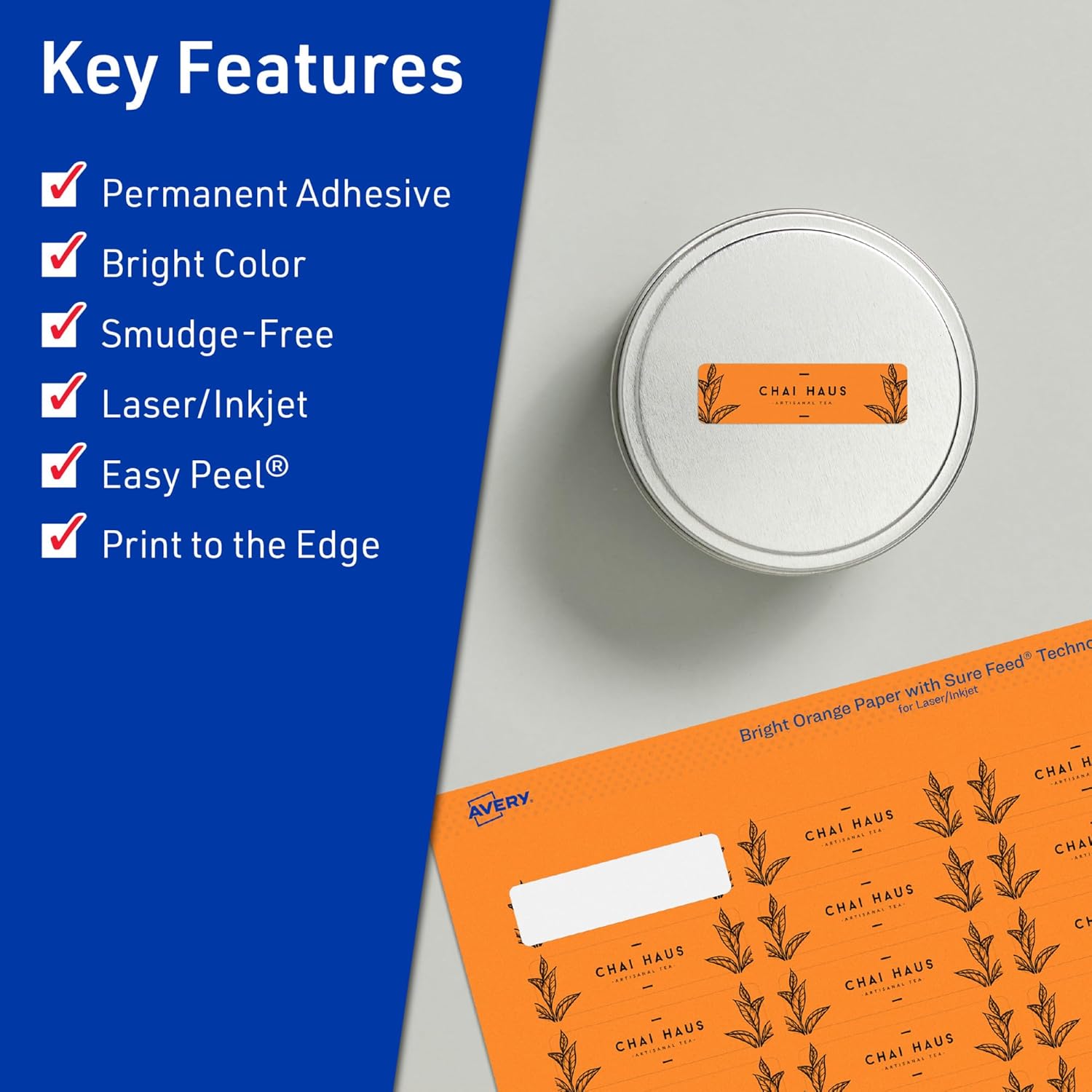 Avery Printable Rectangle Labels, Sure Feed Technology, 1 x 1-1/2, Bright Orange, Print-to-The-Edge, Laser/Inkjet