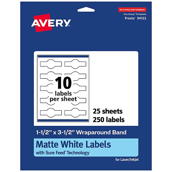 Avery Matte White Wraparound Band Labels, Sure Feed Technology, 1.5" x 3.5", Print-to-The-Edge, Permanent Adhesive, Laser/Inkjet Printable