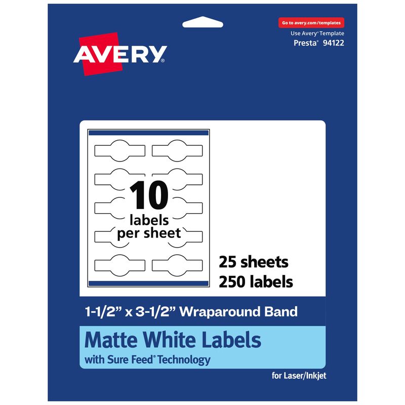 Avery Matte White Wraparound Band Labels, Sure Feed Technology, 1.5" x 3.5", Print-to-The-Edge, Permanent Adhesive, Laser/Inkjet Printable