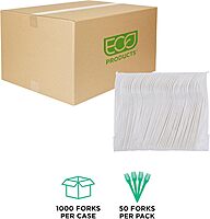 Eco-Products Compostable CPLA 6" Plastic Forks, Case of 1000, Disposable White Fork, Plantware Cutlery, Renewable Material Made from Plants, Sturdy and Strong, BPI-Certified