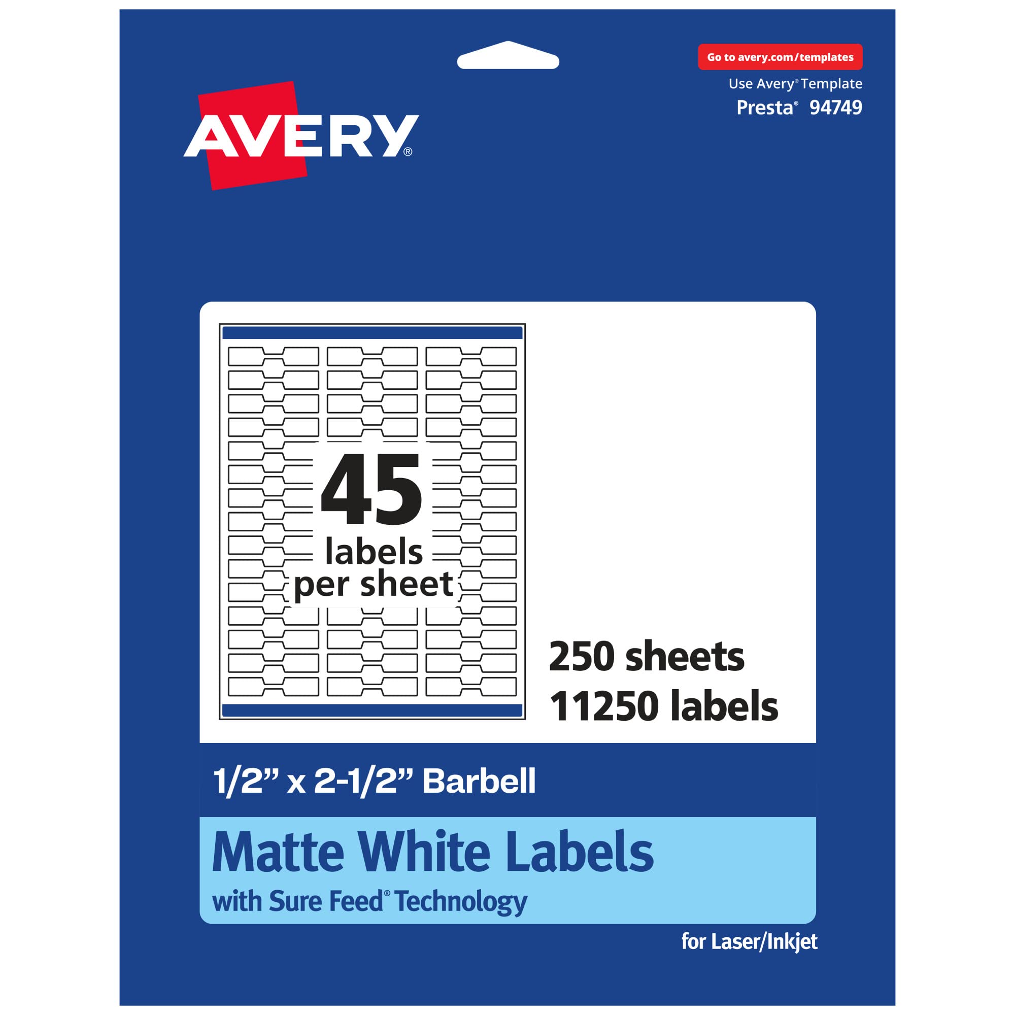 AVERY Matte White Barbell Labels, Sure Feed Technology, 0.5" x 2.5"