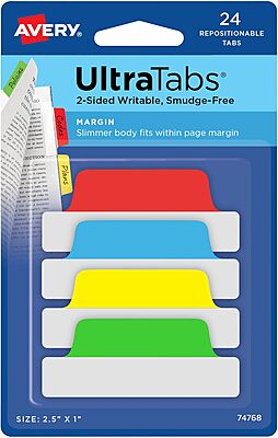 Avery Margin Ultra Tabs — Repositionable 2-Sided Writable Page Tabs