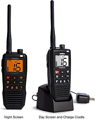 Uniden Atlantis 275 Handheld Two-Way VHF Marine Radio, Floating IPX8 Submersible Waterproof, Large Dual-Color Screen, 6-Watt