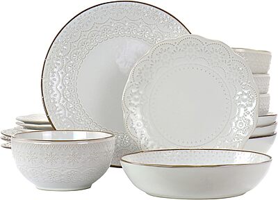 Elama Countess 16 Piece Embossed Double Bowl Stoneware Dinnerware Set in Ivory