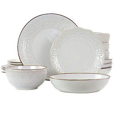 Elama Countess 16 Piece Embossed Double Bowl Stoneware Dinnerware Set in Ivory