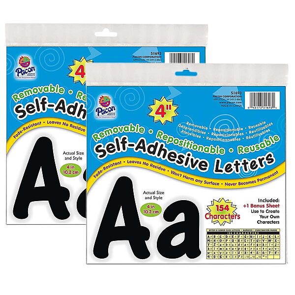 Pacon Self-Adhesive Letters, 4in, Black, Cheery Font, 154 Letters Per Pack, Set Of 2 Packs