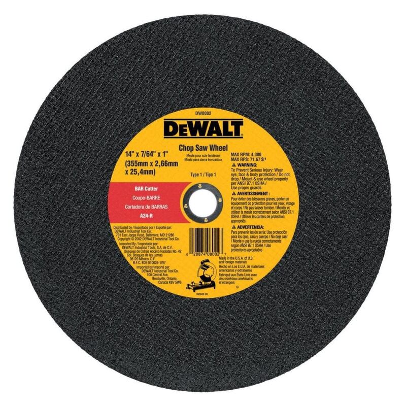 DeWalt DW8002 14" x 7/64" x 1" Bar Cutter Chop Saw Wheel (Heavy Metal)