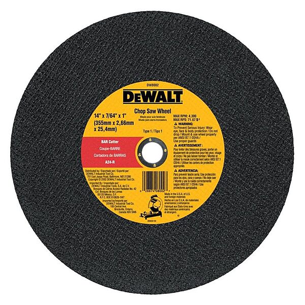 DeWalt DW8002 14" x 7/64" x 1" Bar Cutter Chop Saw Wheel (Heavy Metal)