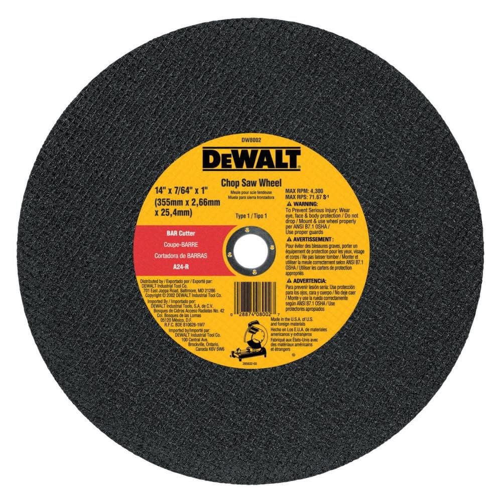 DeWalt DW8002 14" x 7/64" x 1" Bar Cutter Chop Saw Wheel (Heavy Metal)