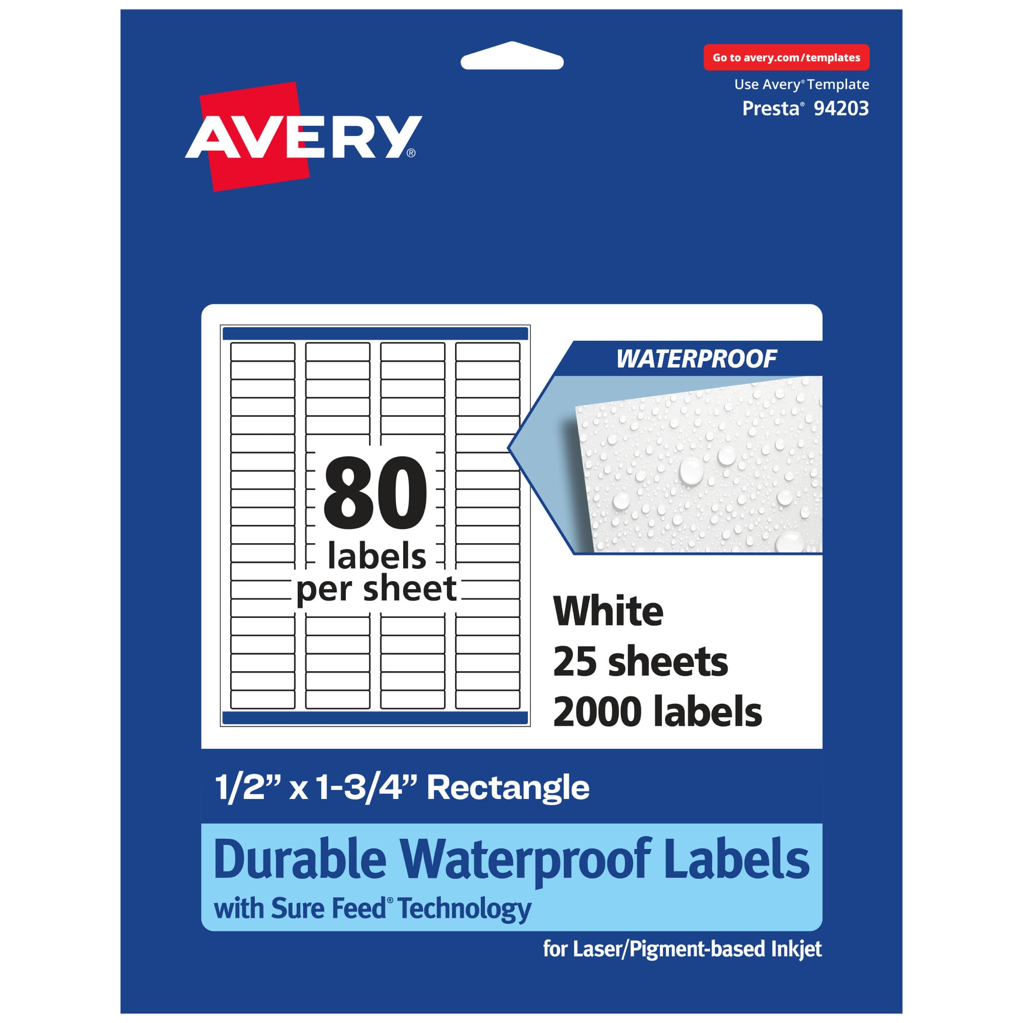 Avery Durable Waterproof Rectangle Labels, Sure Feed Technology, 0.5" x 1.75"