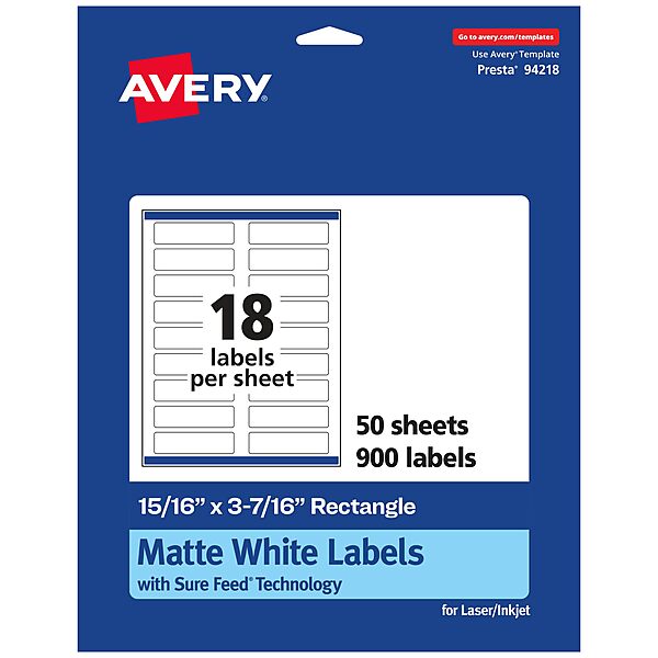 Avery Matte White Rectangle Labels, Sure Feed Technology, 15/16 x 3-7/16