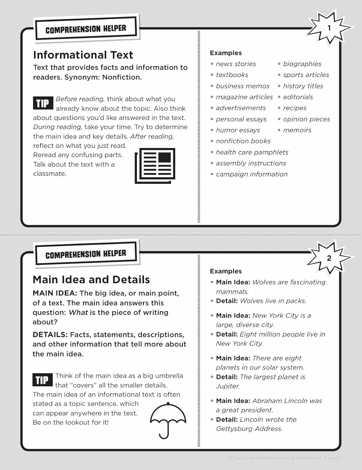 100 Task Cards: Informational Text: Reproducible Mini-Passages With Key Questions to Boost Reading Comprehension Skills