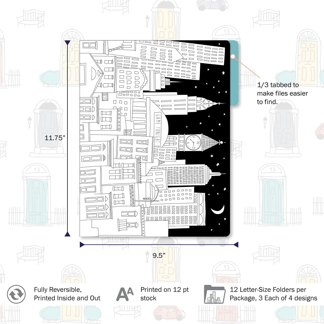 Barker Creek Designer File Folders Set of 12, Color Me! Cityscapes, Multi-Design, Adult Coloring Book Style, Letter Size