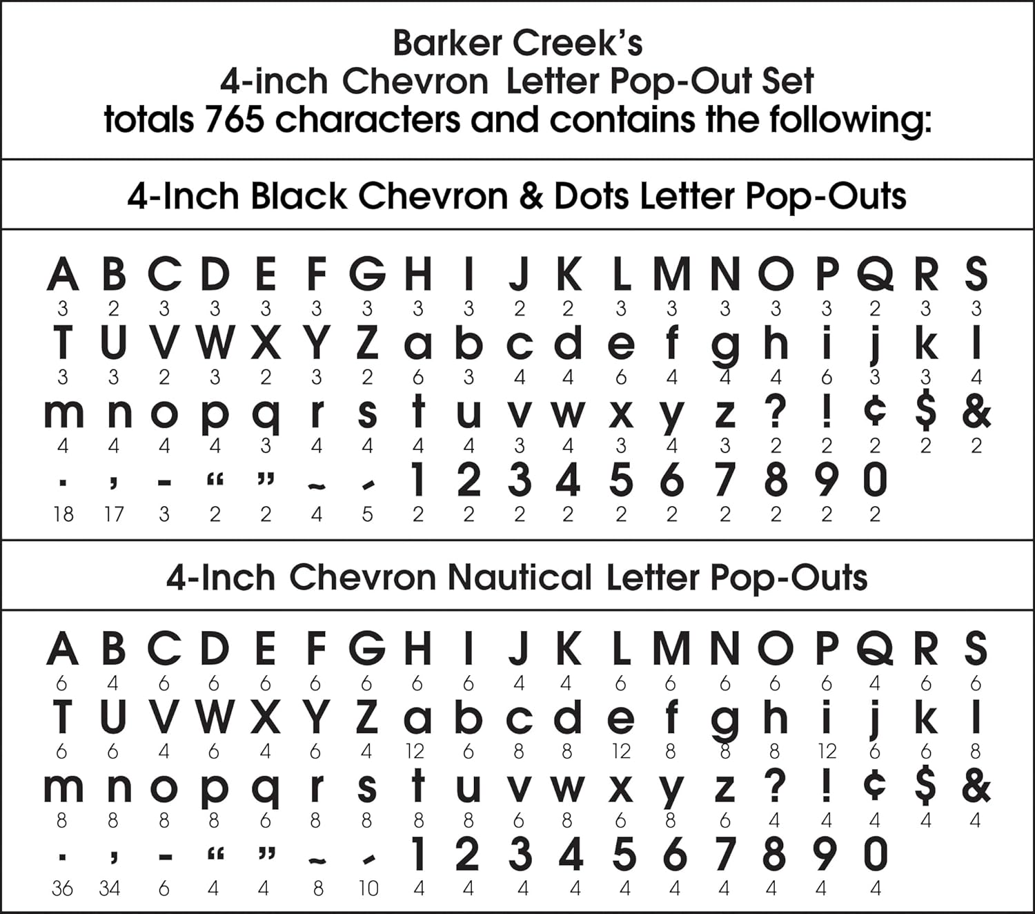 Barker Creek Letter Pop-Out Set of 3, 4" Chevron, Mixed-Design, 255 Upper and Lowercase Letters, Numbers