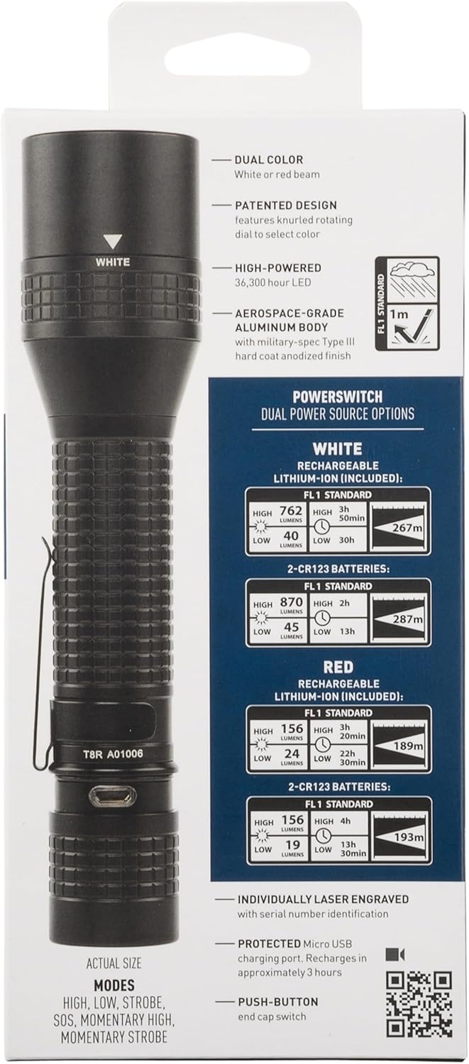 Nite Ize INOVA T8R PowerSwitch Rechargeable Dual Color Flashlight - Tactical LED Flashlight for First Responders & Law