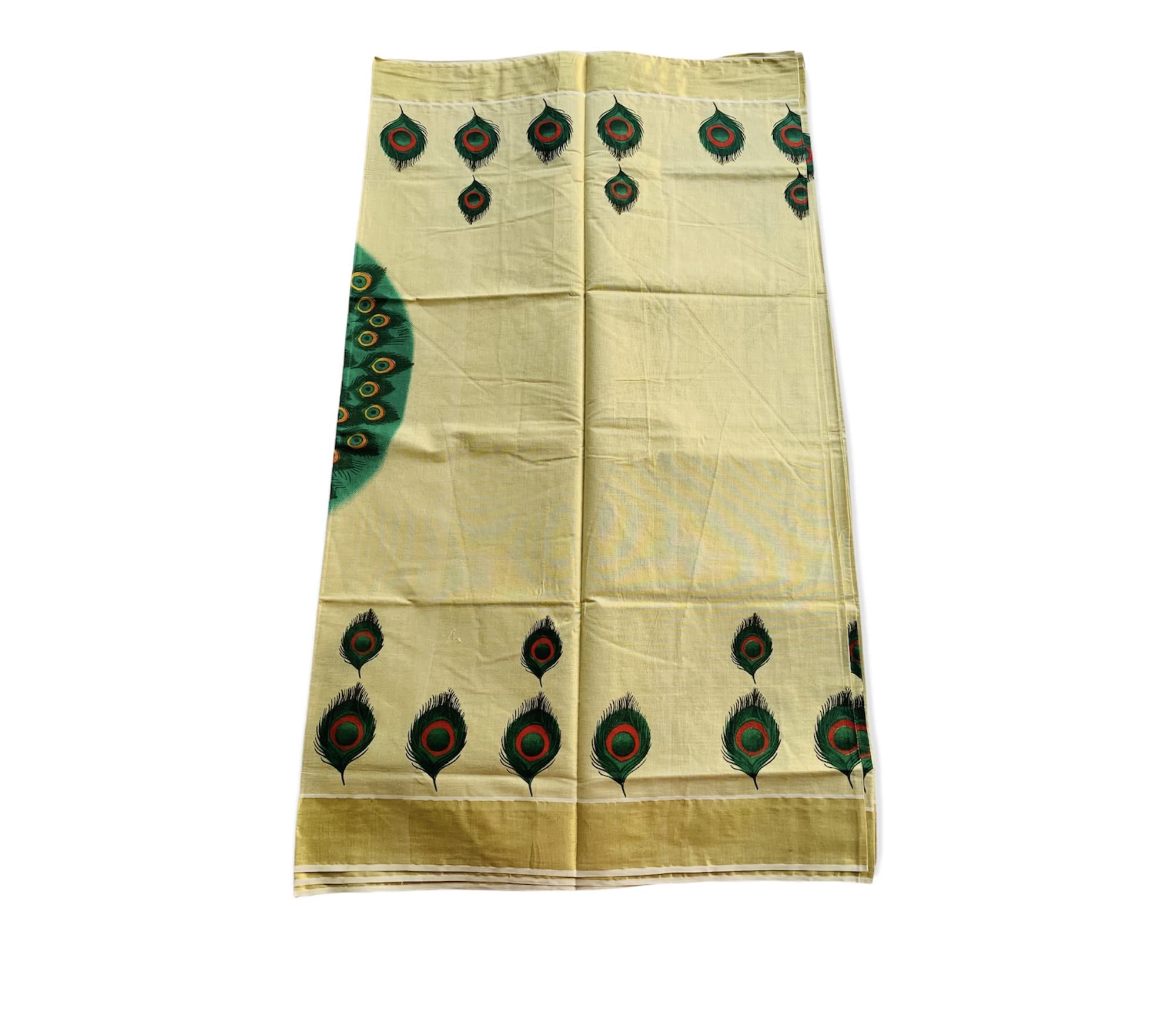 Women's Kuthampully Kerala Kasavu Saree Tissue Mural Painted Peacock with Running Blouse - Multi Color KPSS-758