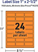 Avery Printable Rectangle Labels, Sure Feed Technology, 1" x 2.5", Bright Orange