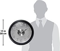 Infinity Instrument 15 Inch The Onyx Modern Contemporary Sleek Indoor Round Non-Ticking Silent Battery Operated Easy to Read Wall Clock for Living Room, Bedroom, Kitchen, Home Office, Black and Silver