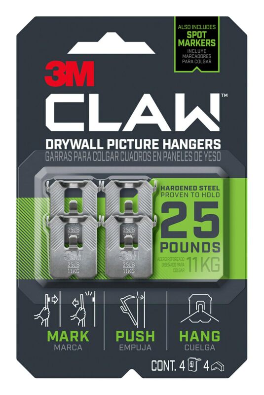 3M CLAW 25 lb. Drywall Picture Hanger with Spot Markers, Heavyweight Hanging Solution for Room Decor and Office Decor, Including Mirrors or Large Art – 4 Pack