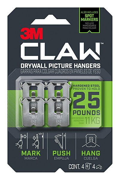 3M CLAW 25 lb. Drywall Picture Hanger with Spot Markers, Heavyweight Hanging Solution for Room Decor and Office Decor, Including Mirrors or Large Art – 4 Pack