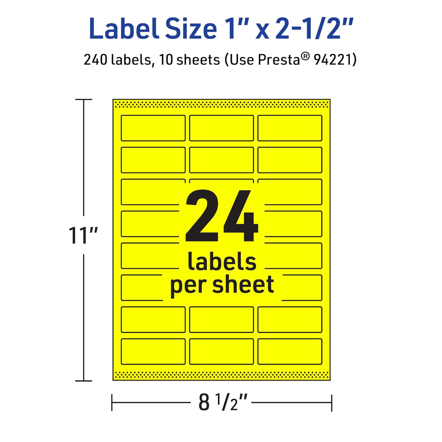 Avery Printable Labels With Sure Feed Technology, 94221-NYP10, Rectangle, 1in x 2-1/2in, Matte Neon Yellow, Pack of 240