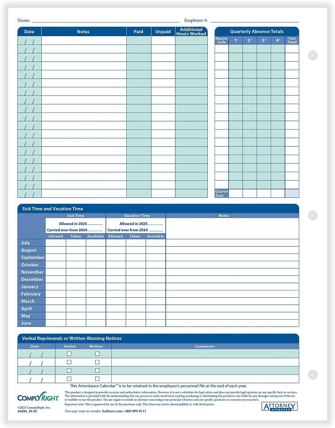 ComplyRight 2025-2026 Fiscal Attendance Calendar, 8 1/2in x 11in, Pack Of 50