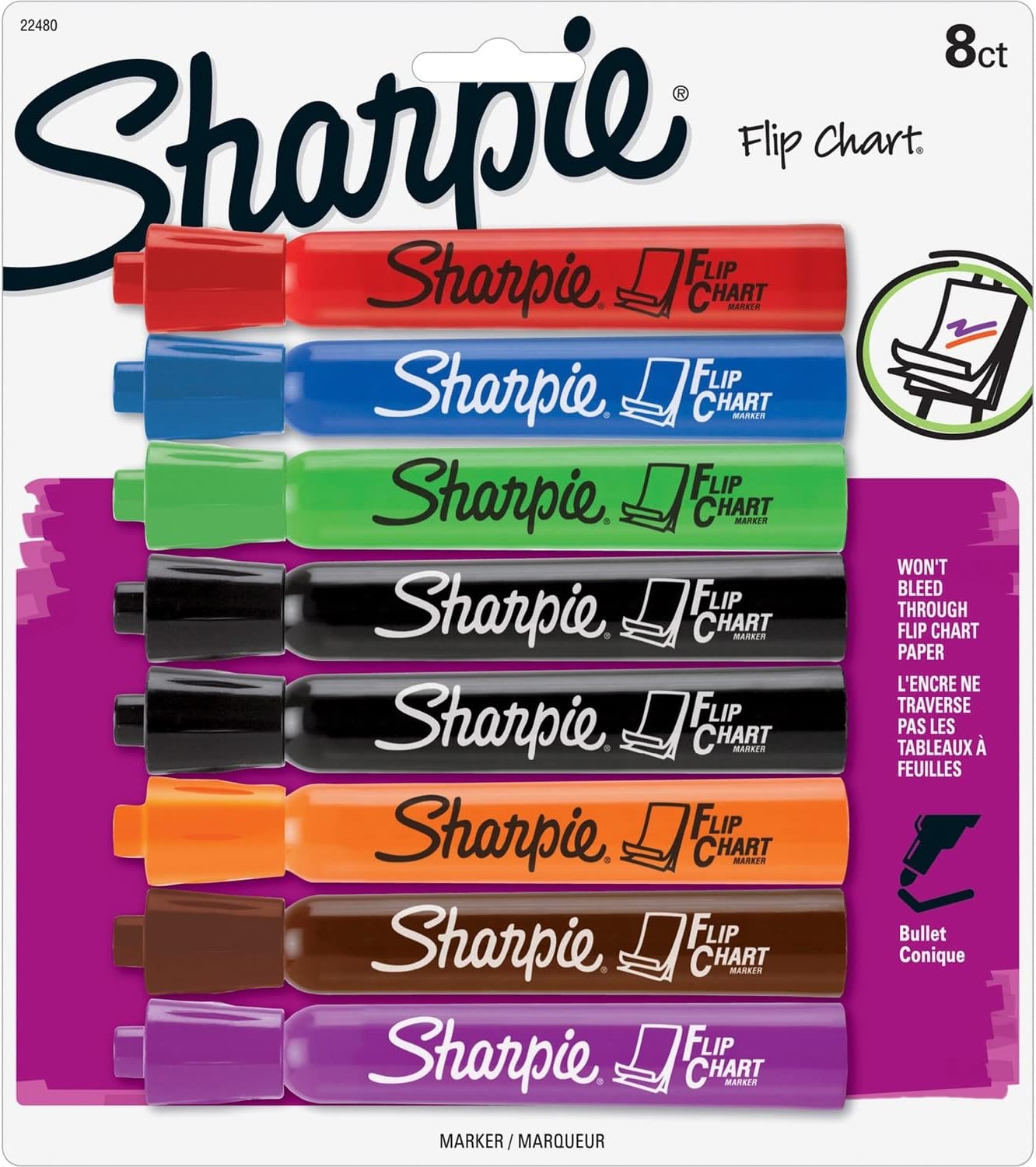 Sharpie Flip Chart Markers, Bullet Tip, Assorted Colors, 8 Count - Low-Odor, Squeak-Free