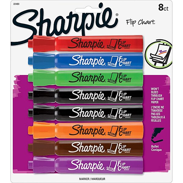 Sharpie Flip Chart Markers, Bullet Tip, Assorted Colors, 8 Count - Low-Odor, Squeak-Free