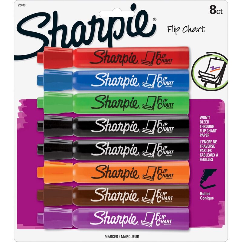 Sharpie Flip Chart Markers, Bullet Tip, Assorted Colors, 8 Count - Low-Odor, Squeak-Free