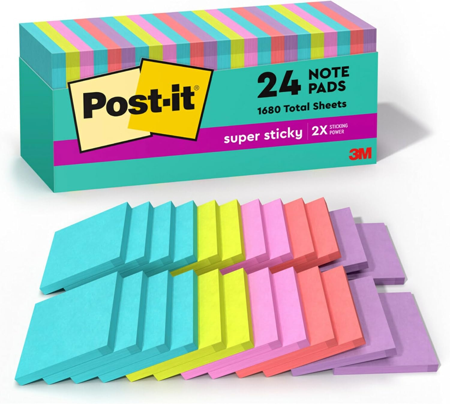 Post-it Super Sticky Notes, 24 Sticky Note Pads, 3 x 3 in., School Supplies, Office Products