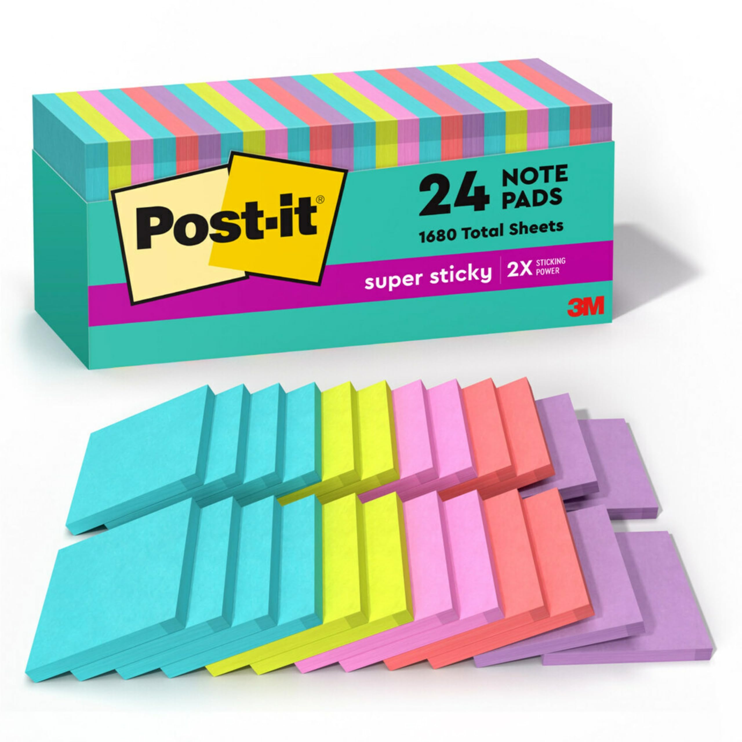 Post-it Super Sticky Notes, 24 Sticky Note Pads, 3 x 3 in., School Supplies, Office Products