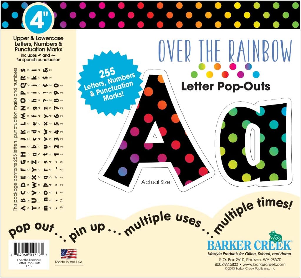 Barker Creek Letter Pop-Outs, 4" Over The Rainbow, Multicolor Designer Letters for Bulletin Boards, Breakrooms