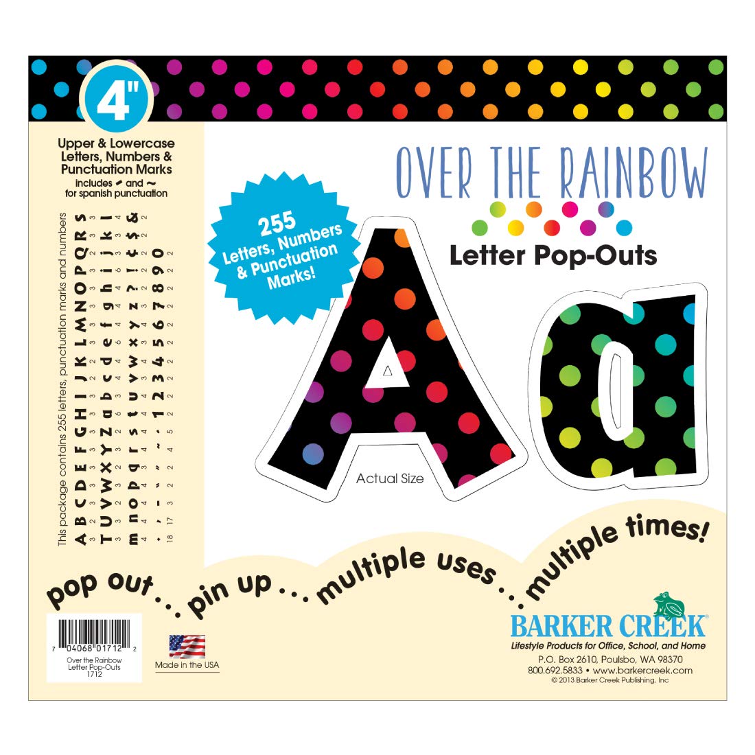 Barker Creek Letter Pop-Outs, 4" Over The Rainbow, Multicolor Designer Letters for Bulletin Boards, Breakrooms