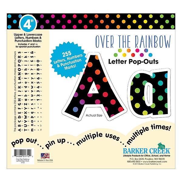 Barker Creek Letter Pop-Outs, 4" Over The Rainbow, Multicolor Designer Letters for Bulletin Boards, Breakrooms, Reception Areas, Signs, Displays, and More! 4", 255 Characters per Set (1712)