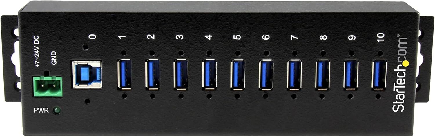 StarTech.com 10-Port USB 3.0 Hub - 5Gbps - Metal Industrial USB-A Hub with ESD & Surge Protection - Din Rail