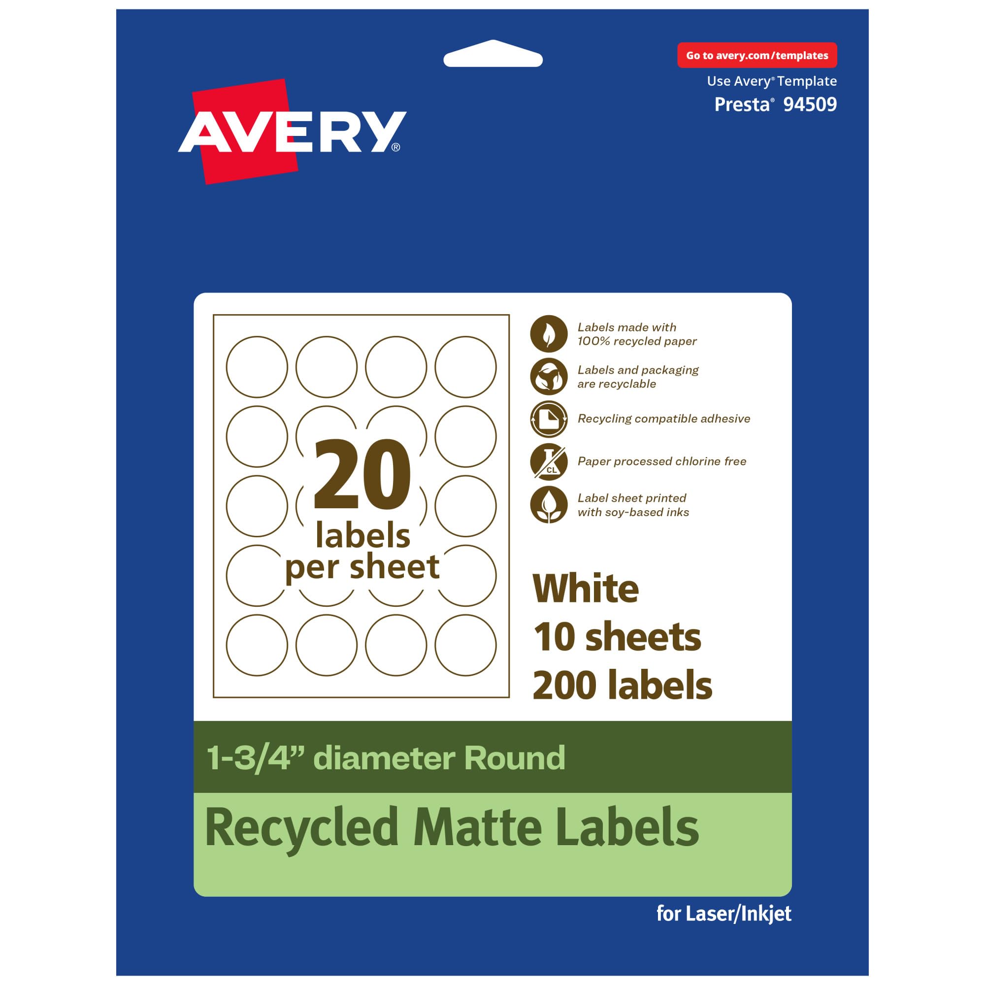 AVERY EcoFriendly Matte White Recycled Round Labels, 1.75" Diameter, Print-to-The-Edge, Permanent Adhesive