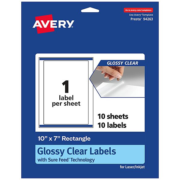 Avery Glossy Clear Rectangle Labels, Sure Feed Technology, 10" x 7", 10 Glossy Clear Labels, Laser/Inkjet Printable 10 labels