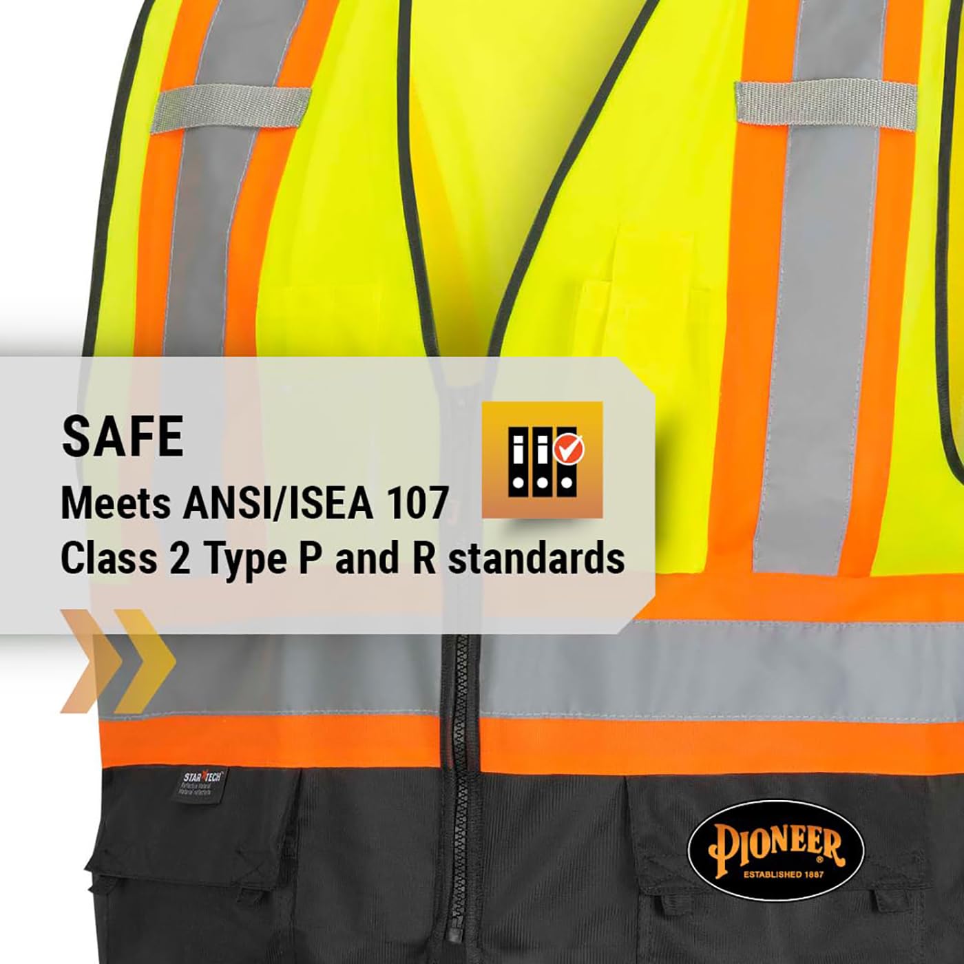 Pioneer Hi-Vis Reflective Safety Vest, Solid Neon, 8 Pockets, Zipper, Adjustable