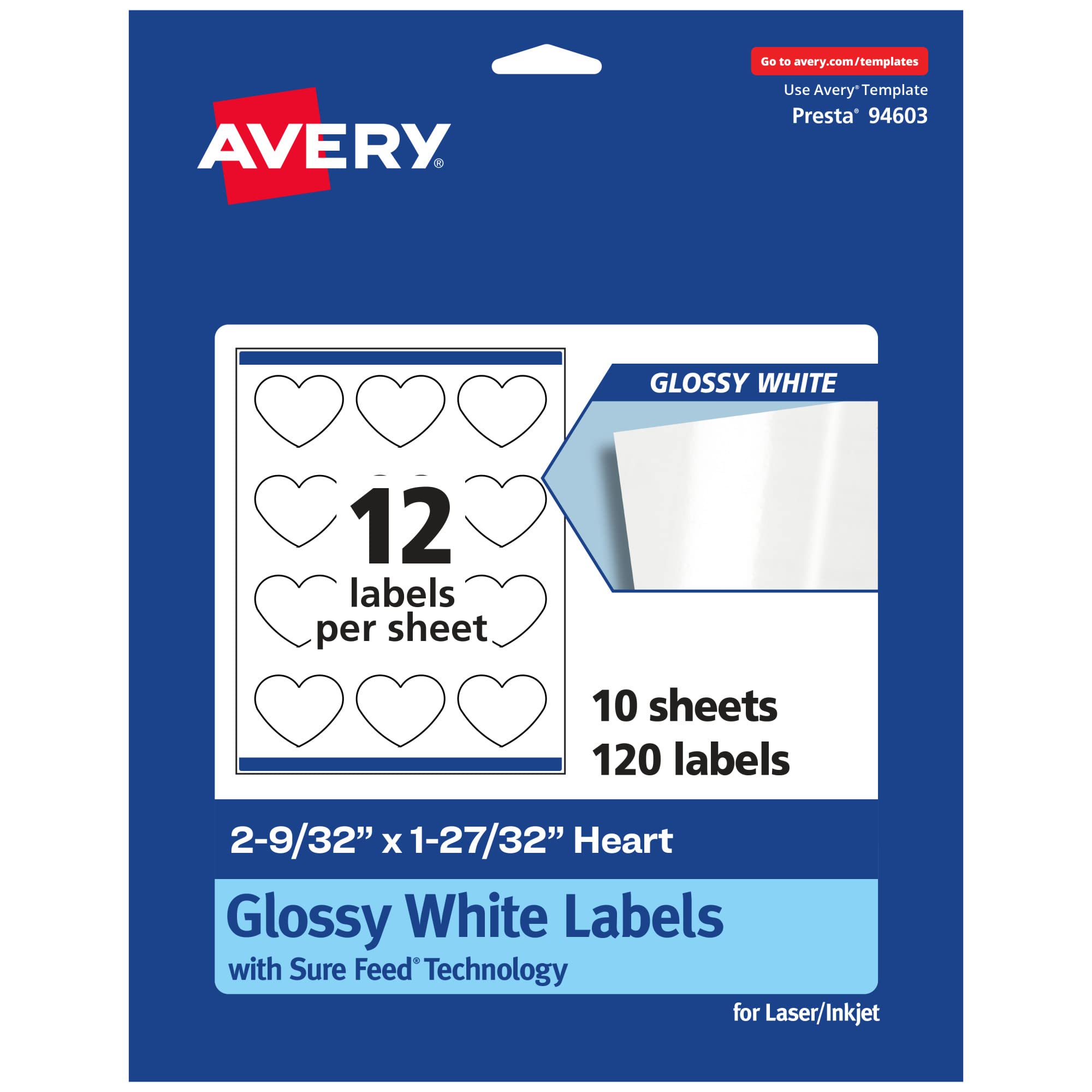 Avery Glossy White Heart Labels, Sure Feed Technology, 2-9/32" x 1-27/32", 120 Glossy White Labels, Print-to-The-Edge