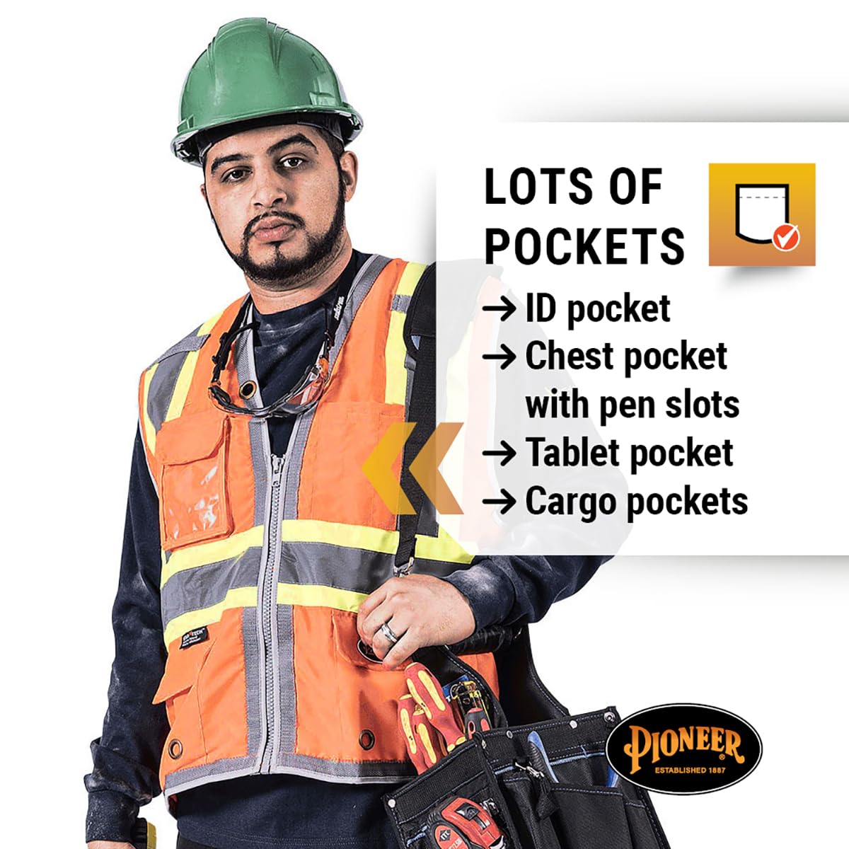 Pioneer Safety Vest for Men – Hi Vis Reflective, Mesh Back, 12 Pockets, Zipper for Surveyor Work