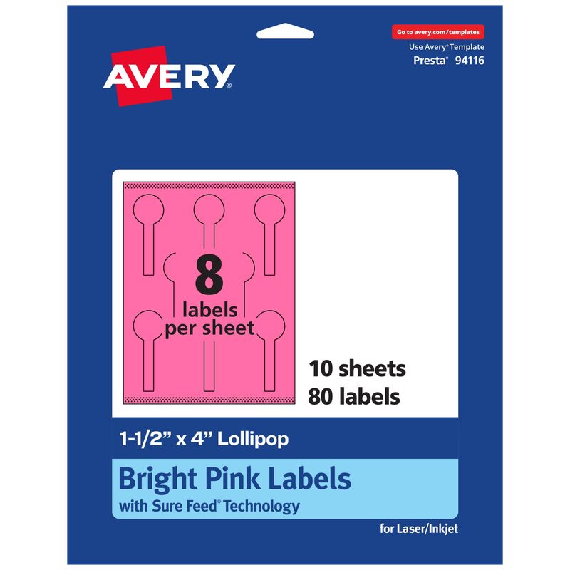 Avery Printable Lollipop Labels, Sure Feed Technology, 1-1/2" x 4", Bright Pink, Print-to-The-Edge, Laser/Inkjet Printable