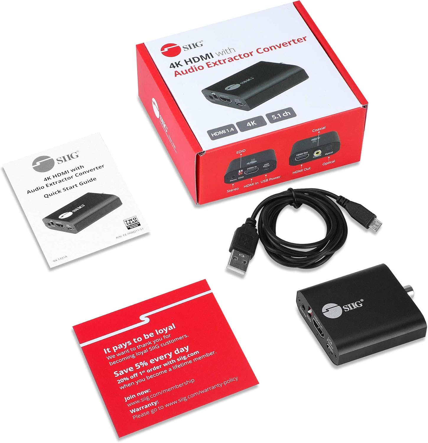 SIIG 4K HDMI Audio Extractor, 4K30Hz, HDCP 1.4, Audio Extract to Optical Toslink/Coaxial/ 3.5mm Simultaneously