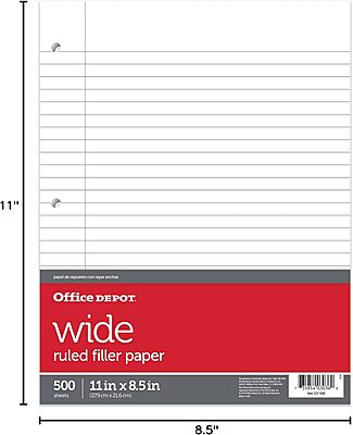 Office Depot Ruled Filler Paper, 3-Hole Punched, 16-Lb, Wide Ruled With Margin, 11in x 8 1/2in, 500 Sheets, 09228OD