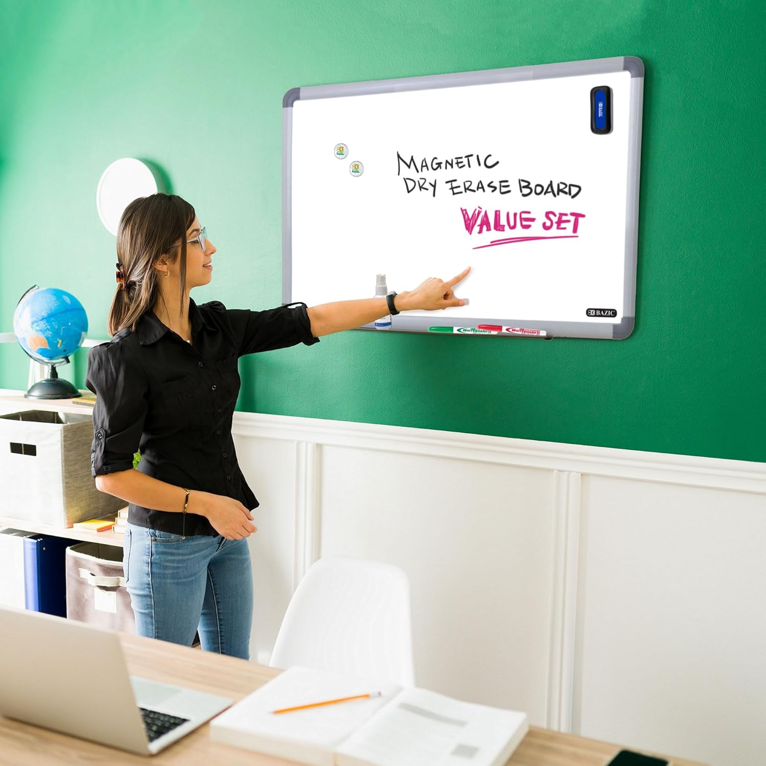 BAZIC Magnetic Dry Erase Board Aluminium Frame 24"x36", Whiteboard, Dry Erase Markers, Magnets, Board Cleaner