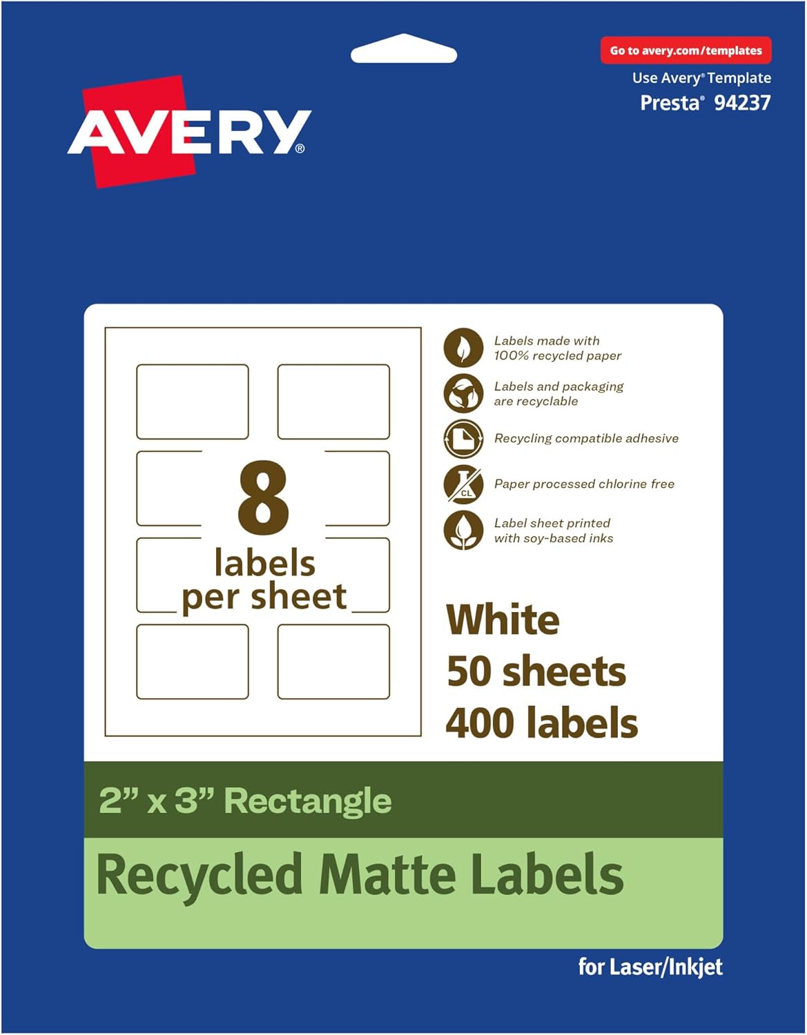 Avery EcoFriendly Matte White Recycled Rectangle Labels, 2" x 3", Print-to-The-Edge, Permanent Adhesive