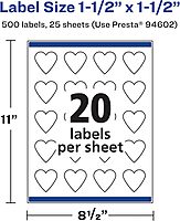 Avery Matte White Removable Heart Labels, 1.5" x 1.5", Sure Feed Technology, Print-to-The-Edge, Laser/Inkjet Printable
