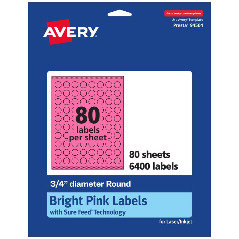 AVERY Printable Round Labels, Sure Feed Technology, 3/4" Diameter, Bright Pink, Print-to-The-Edge, Laser/Inkjet