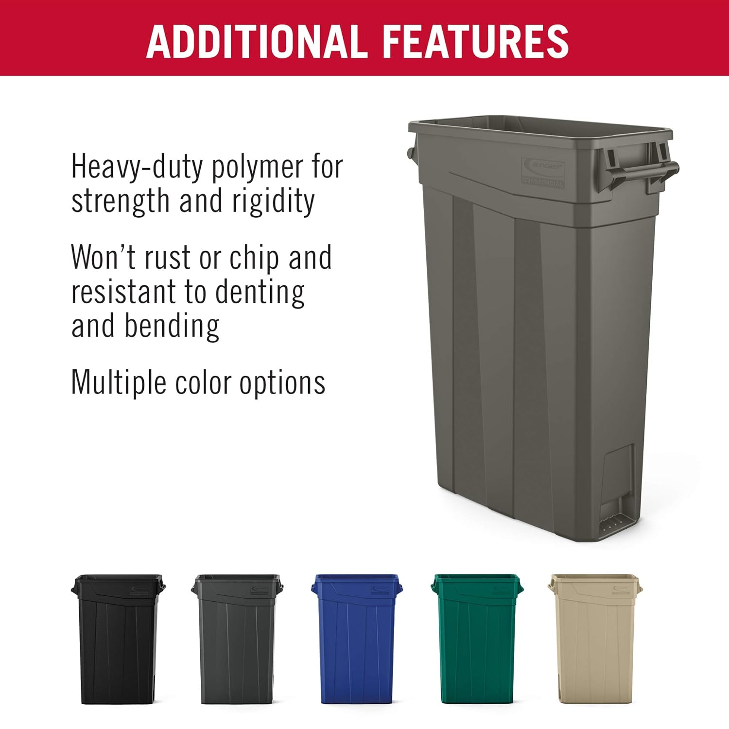 Suncast Commercial TCNH2030BK Narrow Trash Can With Handles, 30.00" Height x 11.08" Width, 23 gal Capacity, Black