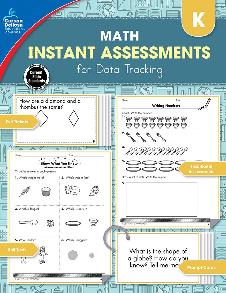 Carson Dellosa Instant Assessments for Data Tracking Book, Kindergarten Math Tests Covering Addition, Subtraction, Shapes